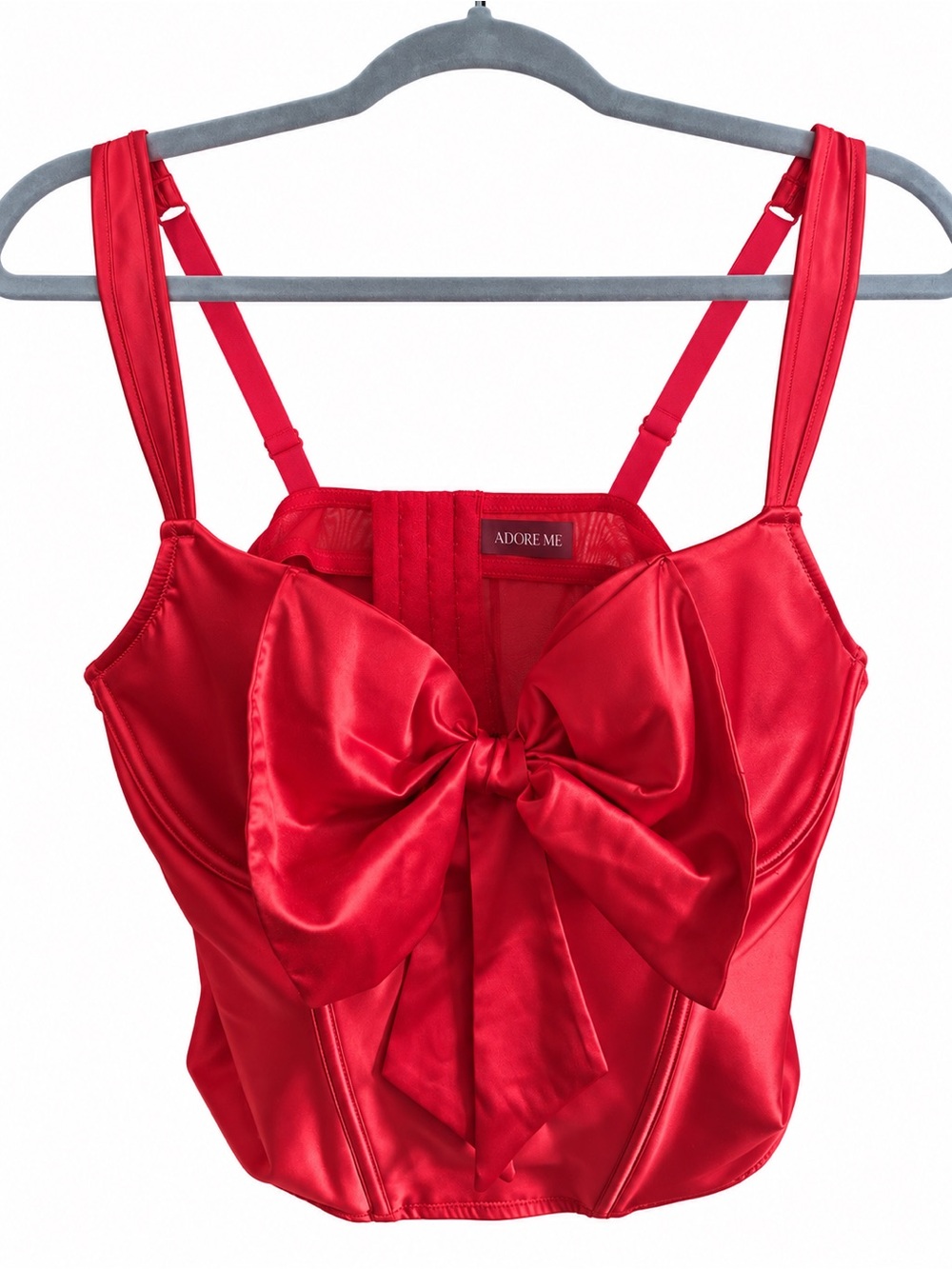 Adore Me “Arianna Contour Bustier” & “Gynger” Open-Back Panty Red Satin Bow